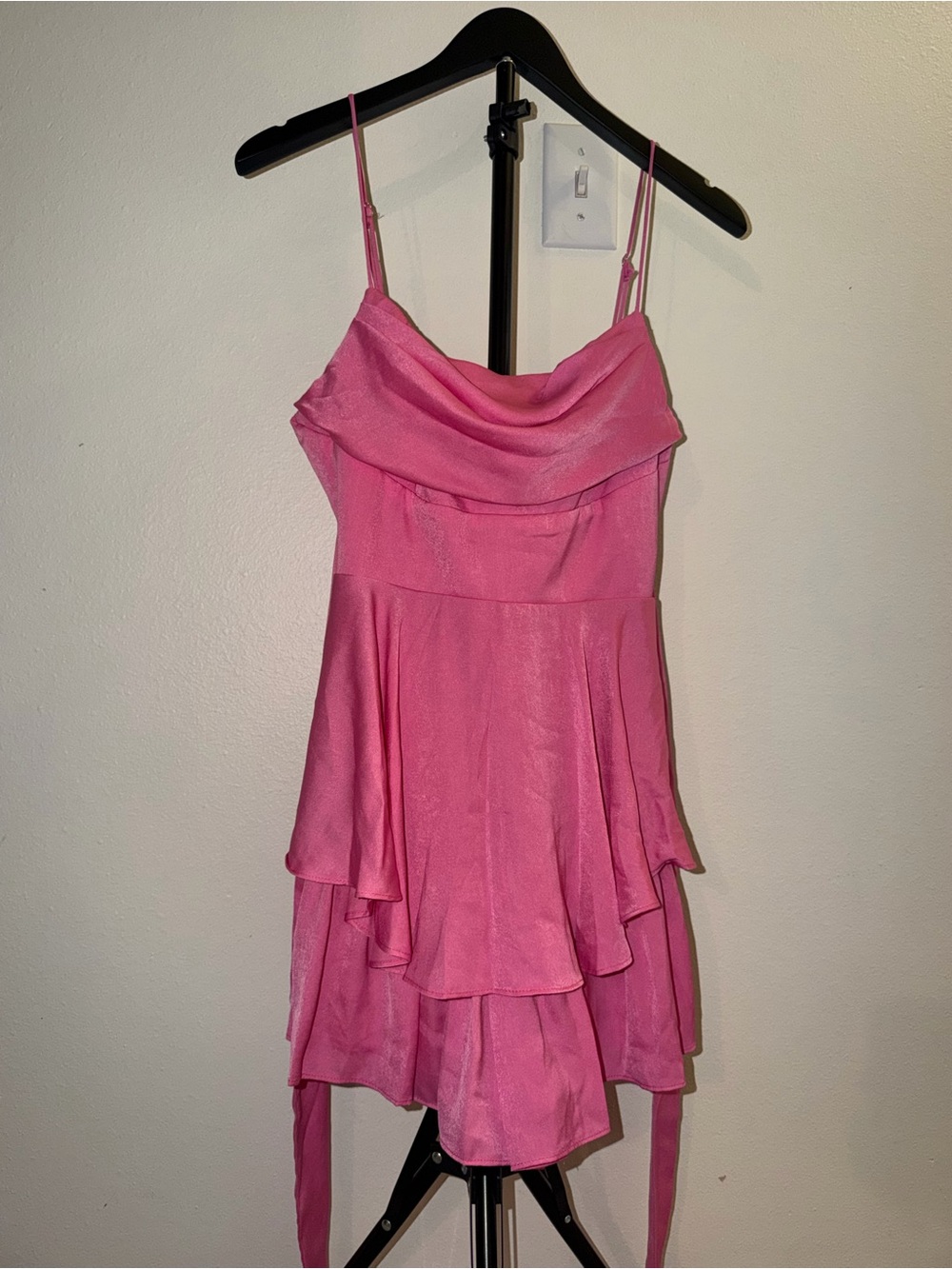 NWT Hello Molly Romper Size M Pink Satin Cowl Neck Ruffle Shorts Tie Back